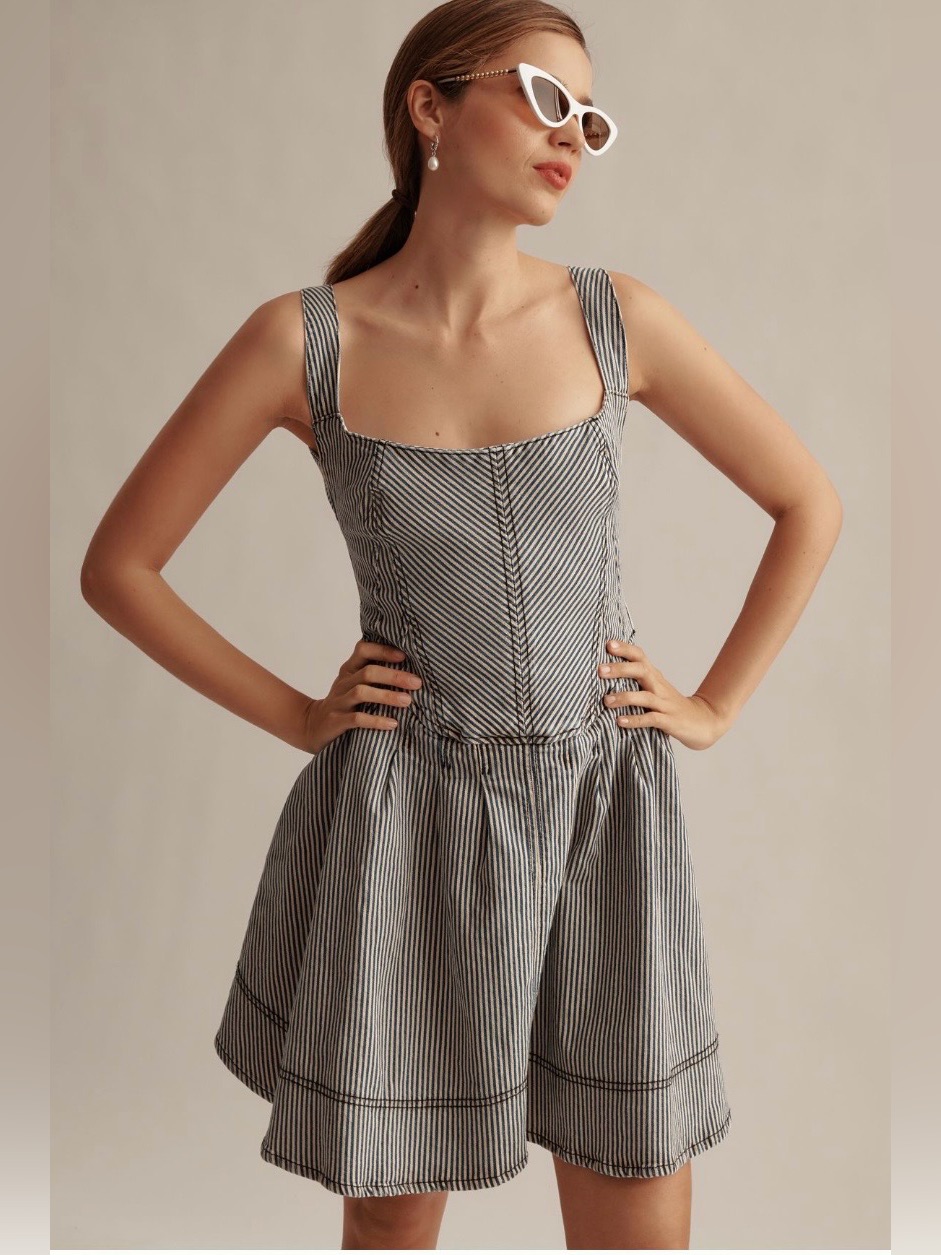Pilcro Blue-White Striped Square-Neck Mini Dress